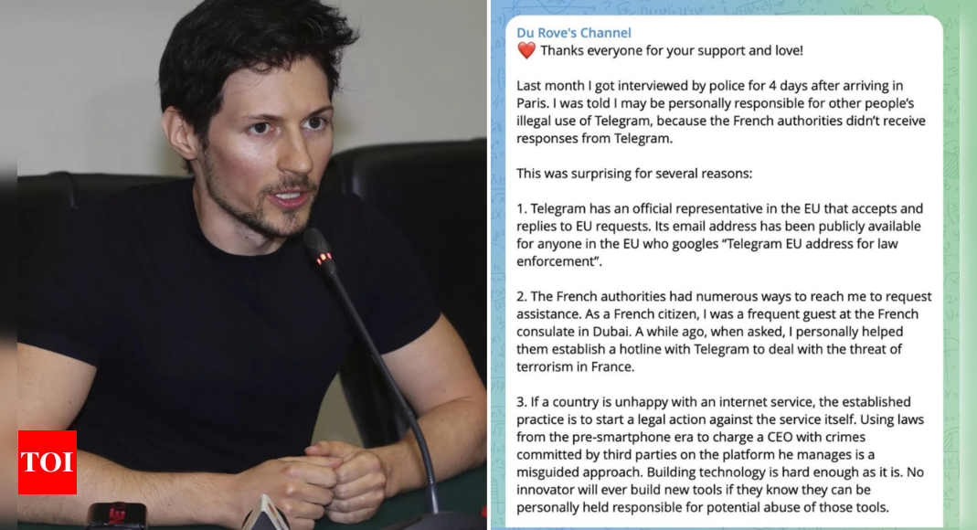 'Misguided approach': Telegram CEO Pavel Durov issues first statement after arrest – Times of India