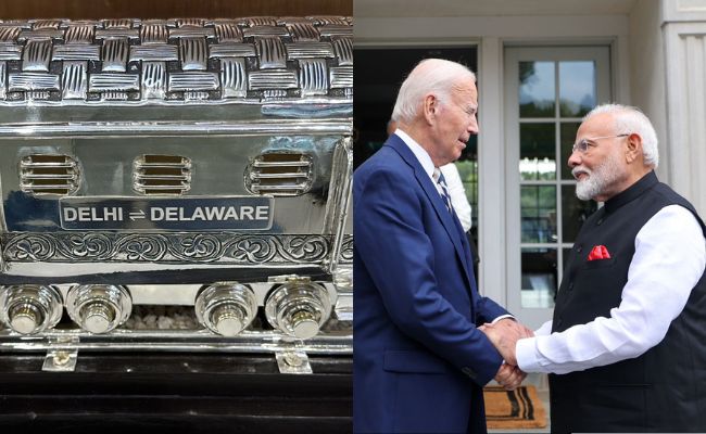 PM Gifts Biden A Silver Hand-Engraved Train Model, Jill A Pashmina Shawl